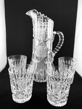 American Brilliant ABP Cut Glass signed Libbey Ellsemere pitcher & glasses 6