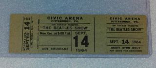 Vintage 1964 THE BEATLES Concert Ticket,  HTF Pittsburgh Appearance 2