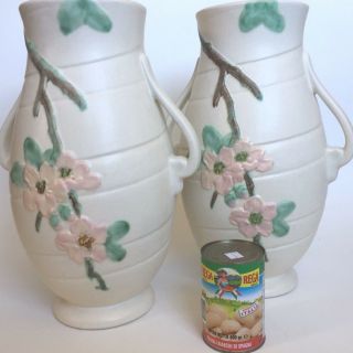 Weller Two - Handled Pottery Vases Art Nouveau Dogwood Matte 15 1/2” Rose