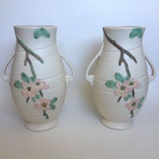 Weller Two - Handled Pottery Vases Art Nouveau Dogwood Matte 15 1/2” Rose 2