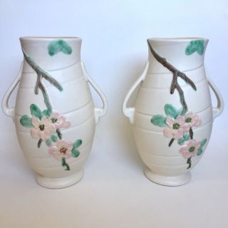 Weller Two - Handled Pottery Vases Art Nouveau Dogwood Matte 15 1/2” Rose 8