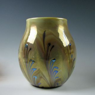 Charles Lotton Yellow/brown Earthtone Color Art Glass Vase W/silver Iridescent