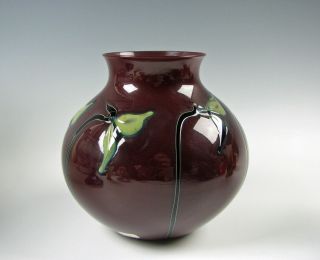 Charles Lotton Art Glass Vase Deep Maroon With Drop Leaf Flowers 1984