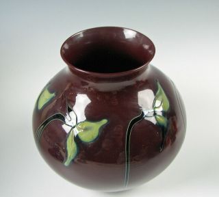 Charles Lotton Art Glass Vase Deep Maroon with Drop Leaf Flowers 1984 2