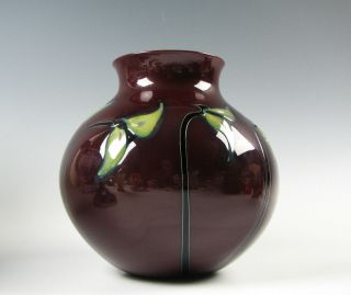 Charles Lotton Art Glass Vase Deep Maroon with Drop Leaf Flowers 1984 3