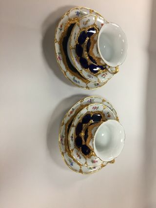 Antique Meissen Hand Painted Cobalt Blue Gold Tea Cups,  Saucers,  Plates