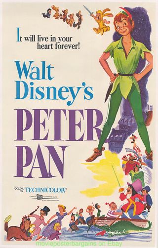 Peter Pan Movie Poster 27x41 Re - Release 1958 On Linen Disney Animation Classic
