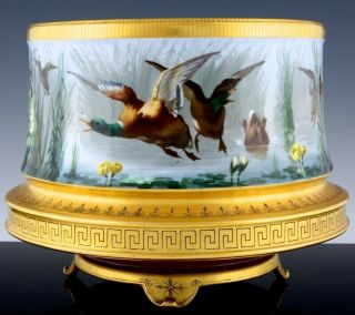 Stunning Large Limoges Paris Porcelain Hand Painted Duck Scenic Fern Pot Vase