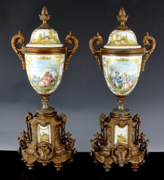 C1880 French Sevres Paris Porcelain Enamel Scenic Bronze Mantel Urn Vases