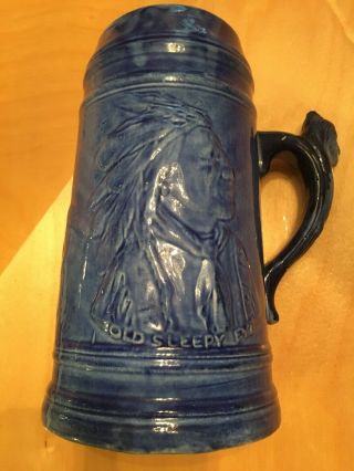 Rare Old Sleepy Eye Blue Pottery Stein Tankard Mug Indian Chief Stoneware