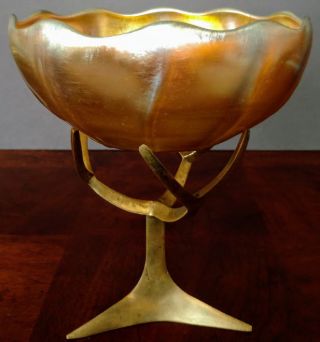L C Tiffany Favrile Gold C.  1894 Old Huge Art Glass Bowl Rare W - Bronze Stand