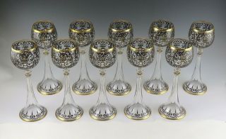 Set 10 Antique Bohemian Roemer Römer Rhine Wine Glasses Hand Painted & Gilt