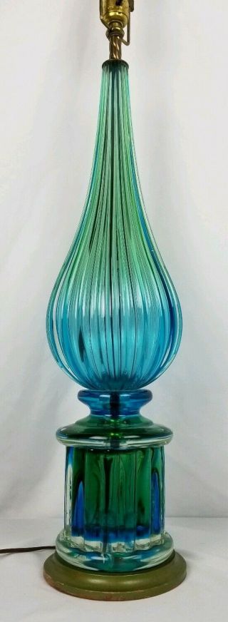 Exceptional Vintage Seguso Murano Art Glass Lamp Large Blue Green 24 "