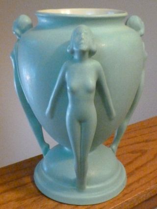 Rare RumRill Pottery Red WIng Art Deco Athena Triple Nude Vase 2