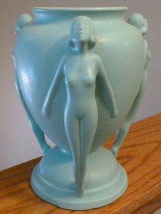 Rare RumRill Pottery Red WIng Art Deco Athena Triple Nude Vase 3