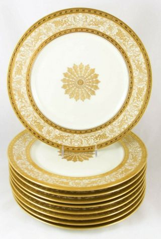 Wow Fab Arts & Crafts Set 9 Dinner Plates Heinrich Bavaria Raised Gold Encrusted
