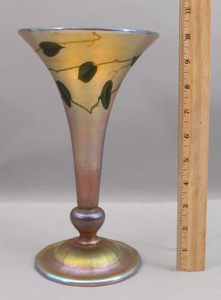 Large Antique L.  C.  Tiffany Favrile Art Glass Trumpet Vase,  Etched Heart & Vine