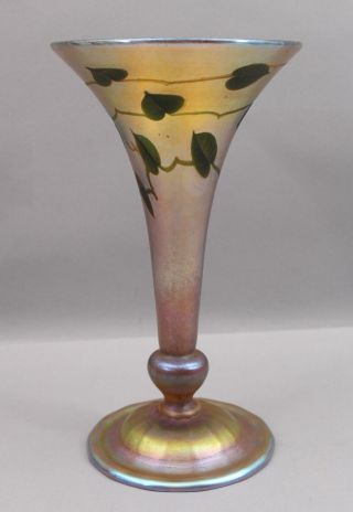 Large Antique L.  C.  TIFFANY Favrile Art Glass Trumpet Vase,  Etched Heart & Vine 4