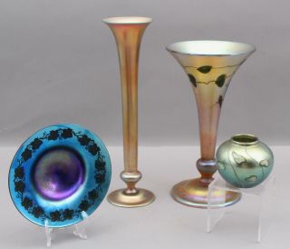 Large Antique L.  C.  TIFFANY Favrile Art Glass Trumpet Vase,  Etched Heart & Vine 9