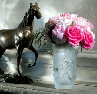 LALIQUE FRANCE MUSTANG VASE CLEAR FROSTED CRYSTAL HORSES 1257500 PERFECTION 9