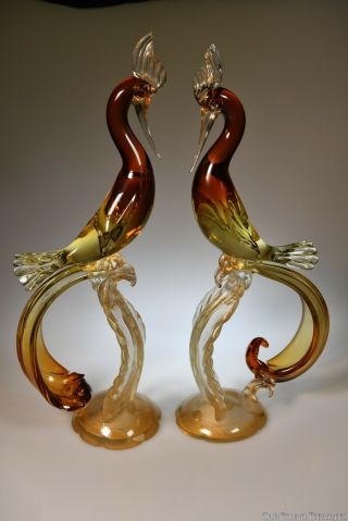 Salviati Murano Amber Sommerso Gold Flecks Italian Art Glass Birds Sculpture
