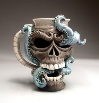 Skull Octopus face mug folk art pottery sculpture face jug by Mitchell Grafton 10
