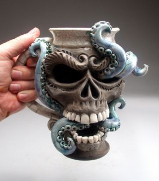 Skull Octopus face mug folk art pottery sculpture face jug by Mitchell Grafton 11