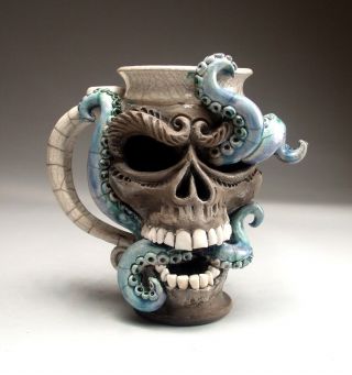 Skull Octopus face mug folk art pottery sculpture face jug by Mitchell Grafton 12