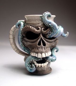 Skull Octopus Face Mug Folk Art Pottery Sculpture Face Jug By Mitchell Grafton