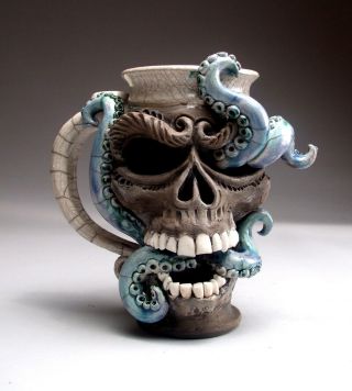 Skull Octopus face mug folk art pottery sculpture face jug by Mitchell Grafton 2