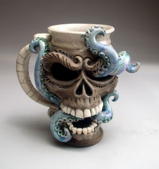 Skull Octopus face mug folk art pottery sculpture face jug by Mitchell Grafton 3