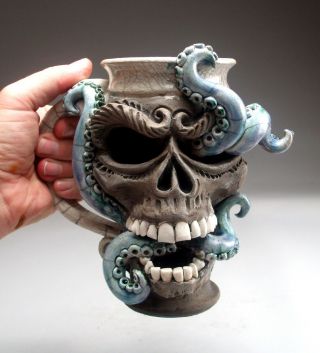 Skull Octopus face mug folk art pottery sculpture face jug by Mitchell Grafton 4