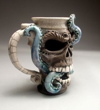 Skull Octopus face mug folk art pottery sculpture face jug by Mitchell Grafton 5