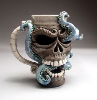 Skull Octopus face mug folk art pottery sculpture face jug by Mitchell Grafton 6