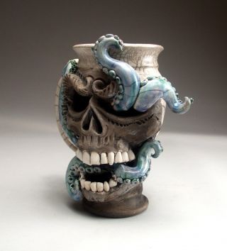 Skull Octopus face mug folk art pottery sculpture face jug by Mitchell Grafton 7