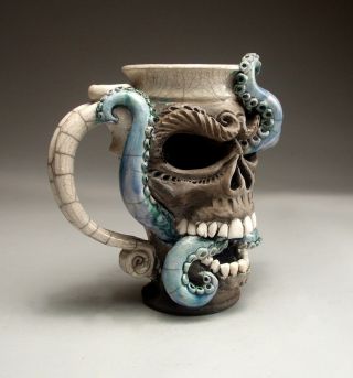 Skull Octopus face mug folk art pottery sculpture face jug by Mitchell Grafton 9