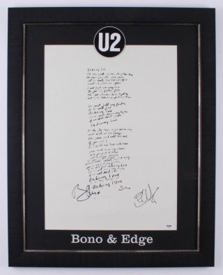 U2 Bono & The Edge Signed Lyric Poster Fan Club Exclusive Psa/dna Cert Rare