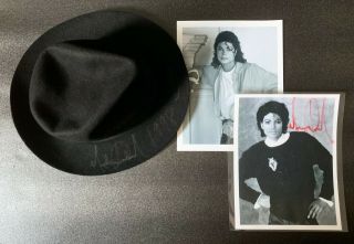 Michael Jackson Signed Worn Black Fedora,  2 Photos