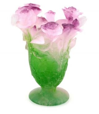 Daum Roses Pâte De Verre Vase Pink Green French Crystal Glass 03507
