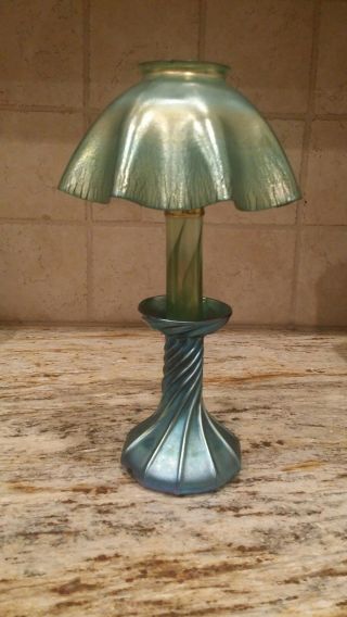 Fine Tiffany Studios Favrile Glass Oil Lamp Gorgeous Blues Greens.