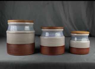 Rare Set Of 3 Denis Vibert Canister Wood Lid Jar Pine Tree Kiln Almost