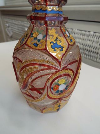 ANTIQUE VICTORIAN MOSER RUBY STAINED ART GLASS HAND PAINTED ENAMEL GOLD DECANTER 5