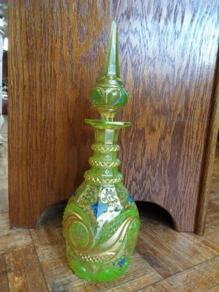 1880s Moser Vaseline Art Glass Persian Style Enamel Gold Decanter Bottle Nr