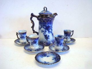 La Belle China Flow Blue Chocolate Pot With Cups,  Saucers