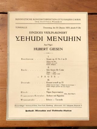 13 Y/o Yehudi Menuhin Violinist Concert Recital Program Violin Germany 1929