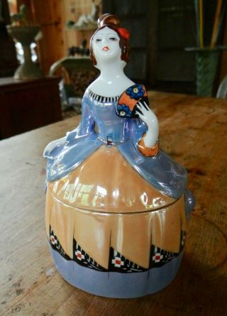 Noritake Figural Art Deco Lady With Fan Luster Dresser Doll / Powder Jar Lovely