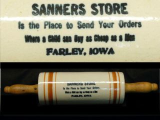 Antique Farley Iowa Advertising Stoneware Banded Rolling Pin Western Red Wing