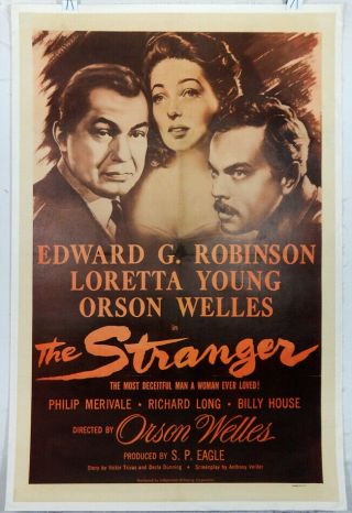 The Stranger 1 Sheet Linen Poster 1953 - Orson Welles - Loretta Young