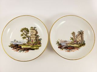 (2) 18th Century Antique Fulda Porcelain Meissen Style Landscape Saucers Plates