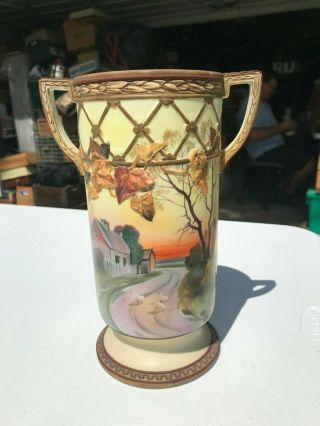 Rare Vintage Unusual Morimura Hand Painted Nippon 10 " Fall Scenic Vase